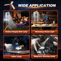 Saker camping light shows magnetic base with hook for hands-free garage or workshop use.