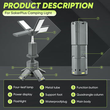 SakerPlus telescopic camping lantern extended to full height for tent illumination.