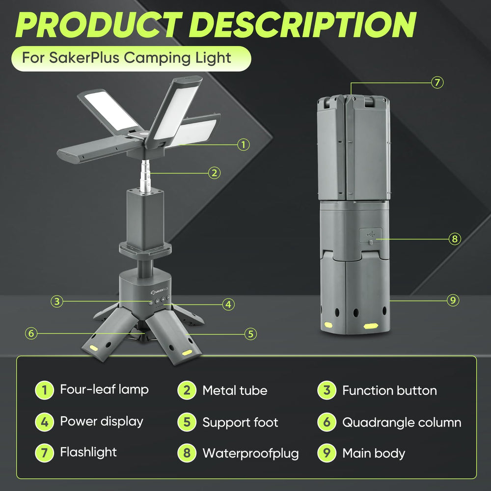 SakerPlus telescopic camping lantern extended to full height for tent illumination.