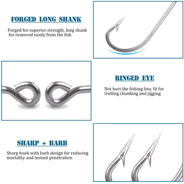 Close-up of 1/0 and 2/0 O'Shaughnessy long shank hooks