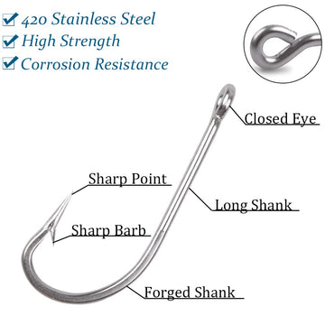 Close-up of 6/0 and 8/0 heavy-duty long shank hooks