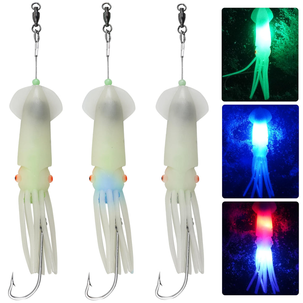 Saltwater squid fishing lure with LED glow on the head