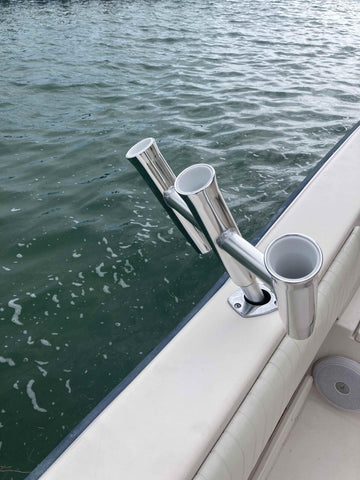 Salty Adventures rod holder showing welded vinyl insert and gimbal pin for added security