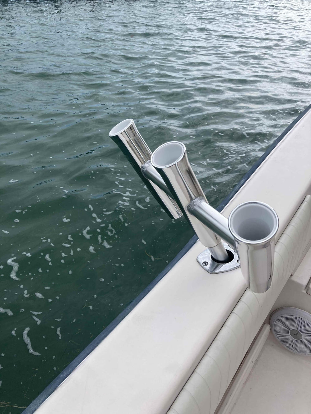Salty Adventures rod holder showing welded vinyl insert and gimbal pin for added security
