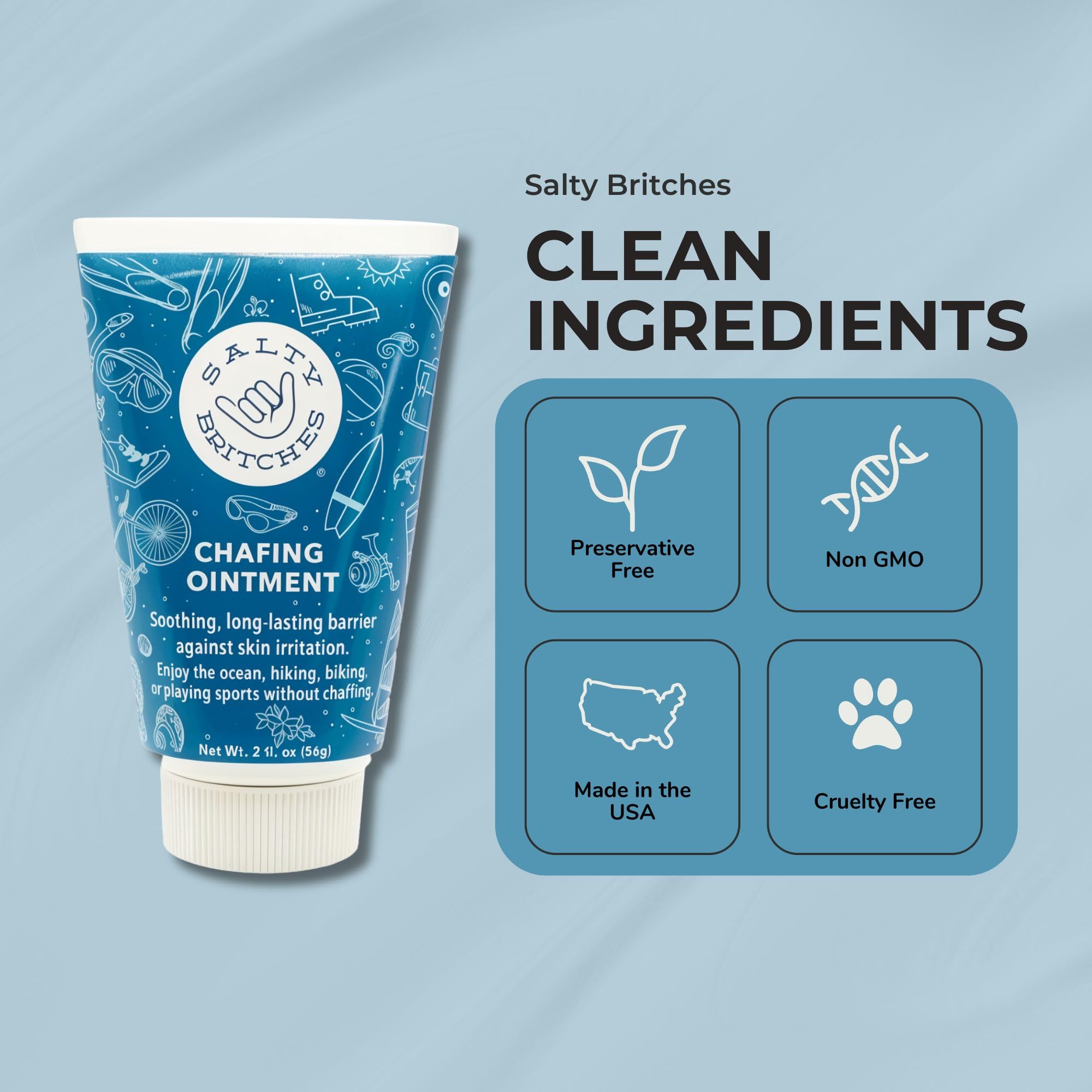 Salty Britches packaging uses 50% recycled materials for sustainable care
