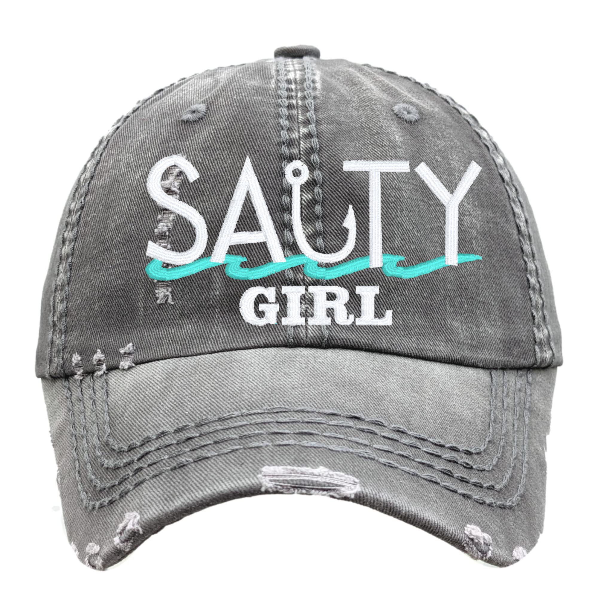 Front view of black Salty Girl hat with embroidered design