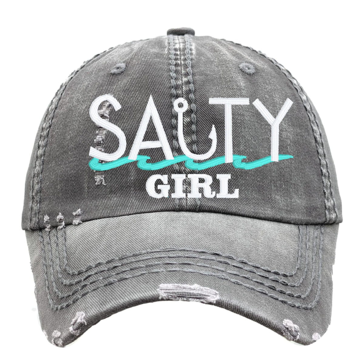 Front view of black Salty Girl hat with embroidered design