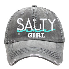 Front view of black Salty Girl hat with embroidered design