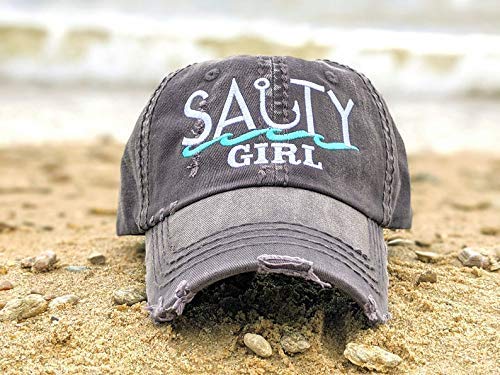 Close-up of distressed cotton surface and color options for Salty Girl hat