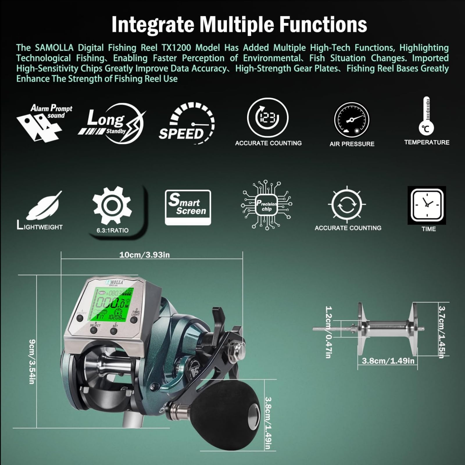 SAMOLLA baitcasting reel digital display shows real-time data like temperature and line length.