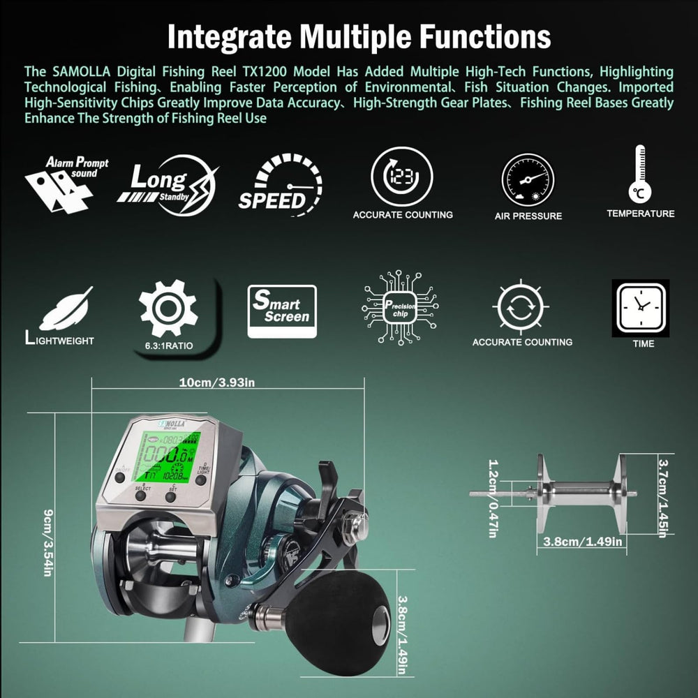 SAMOLLA baitcasting reel digital display shows real-time data like temperature and line length.