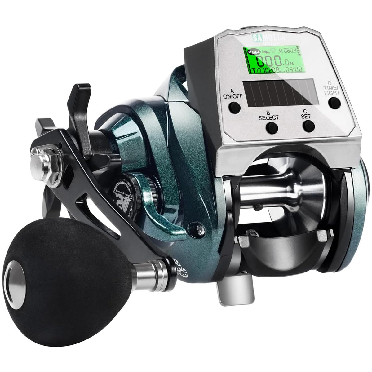 SAMOLLA baitcasting reel with solar panel for quick on-spot recharges and silent casting.