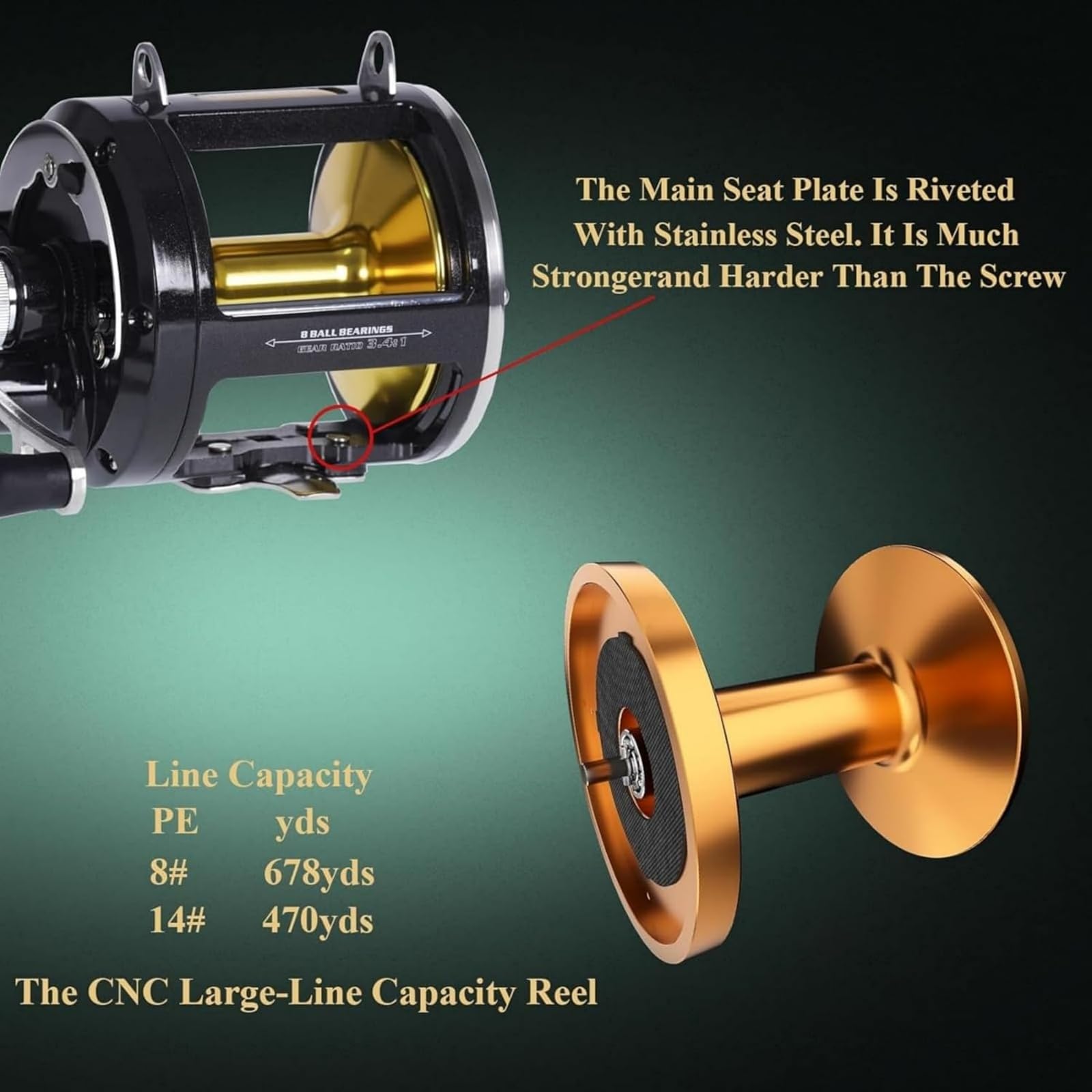 SAMOLLA trolling reel side view highlighting 66 lb drag for big game