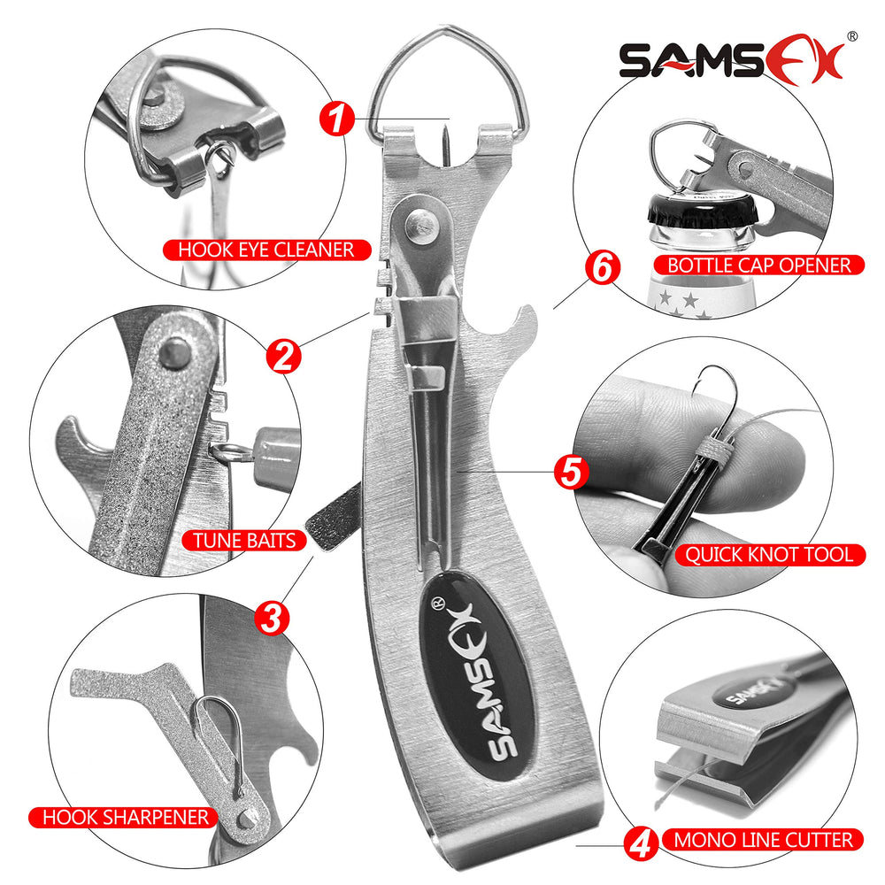 Close-up of SAMSFX 6-in-1 clipper with knot tool and loop tyer
