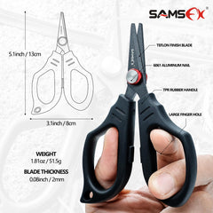 Close-up of SAMSFX scissors cutting braided line