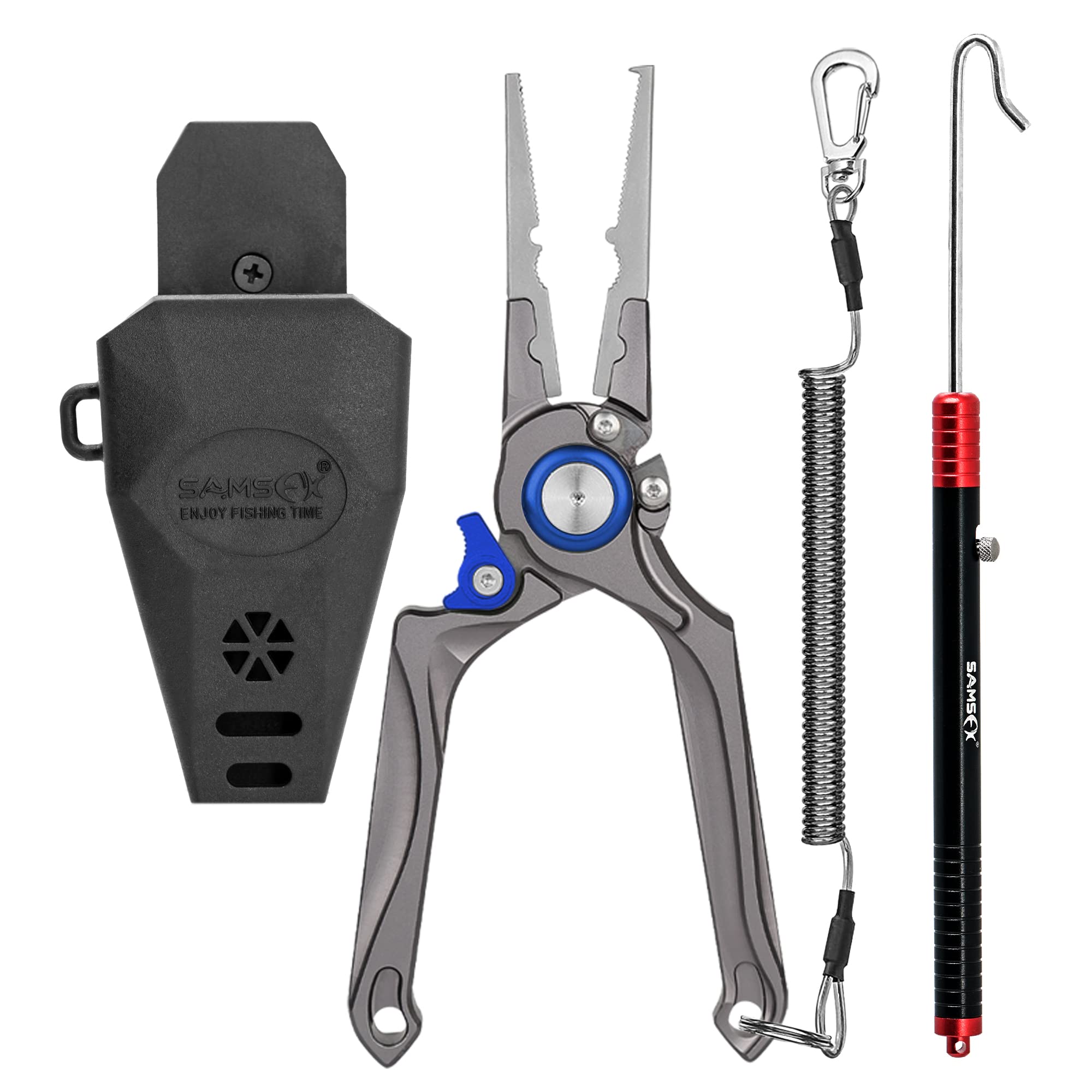 SAMSFX 8-inch blue fishing pliers with dehooker and lanyard