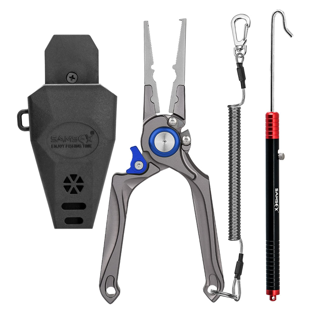 SAMSFX 8-inch blue fishing pliers with dehooker and lanyard
