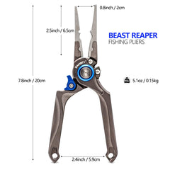 Close-up of SAMSFX blue fishing pliers showing aircraft-grade aluminum body