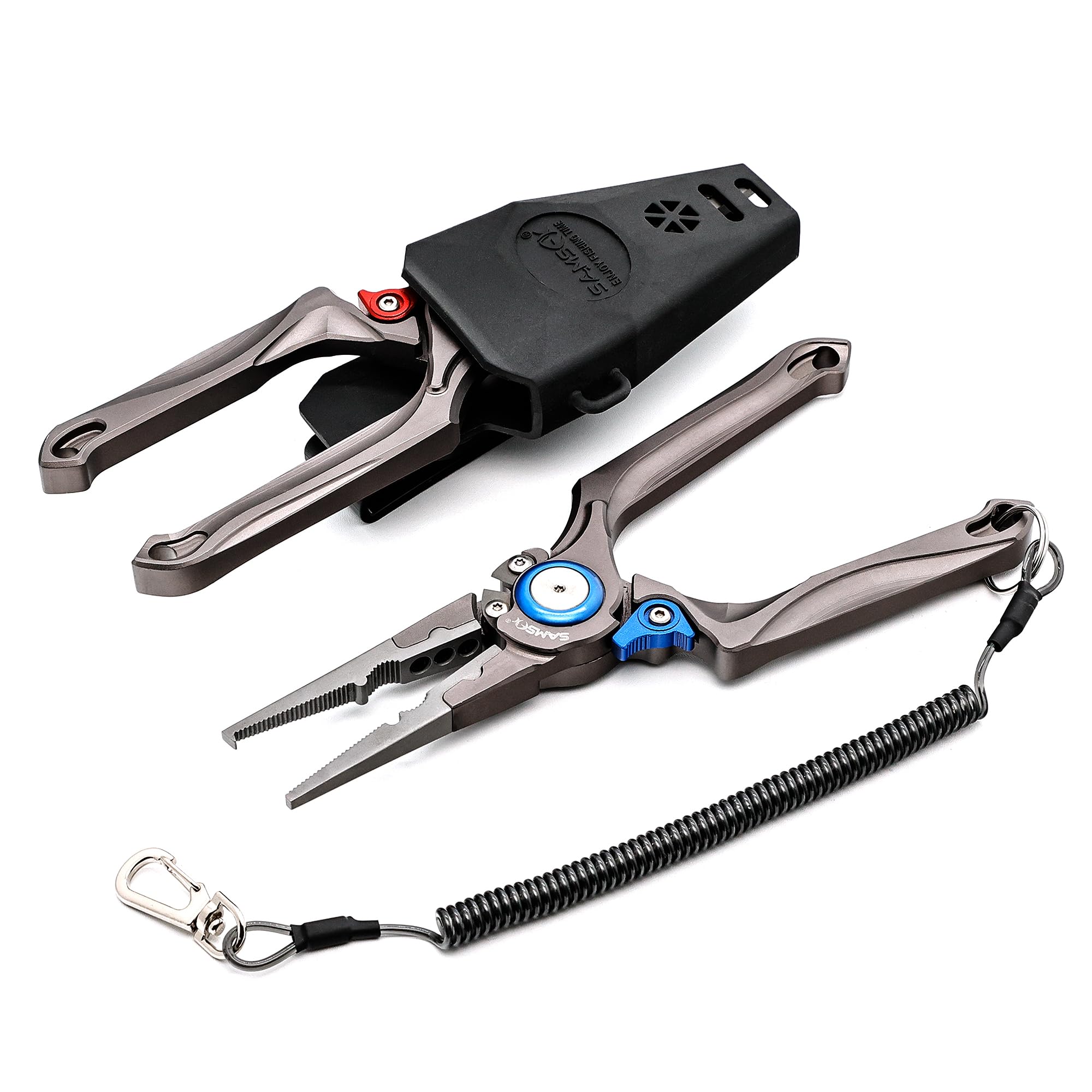 Hard molded sheath with 360-degree belt clip and coiled lanyard for SAMSFX pliers