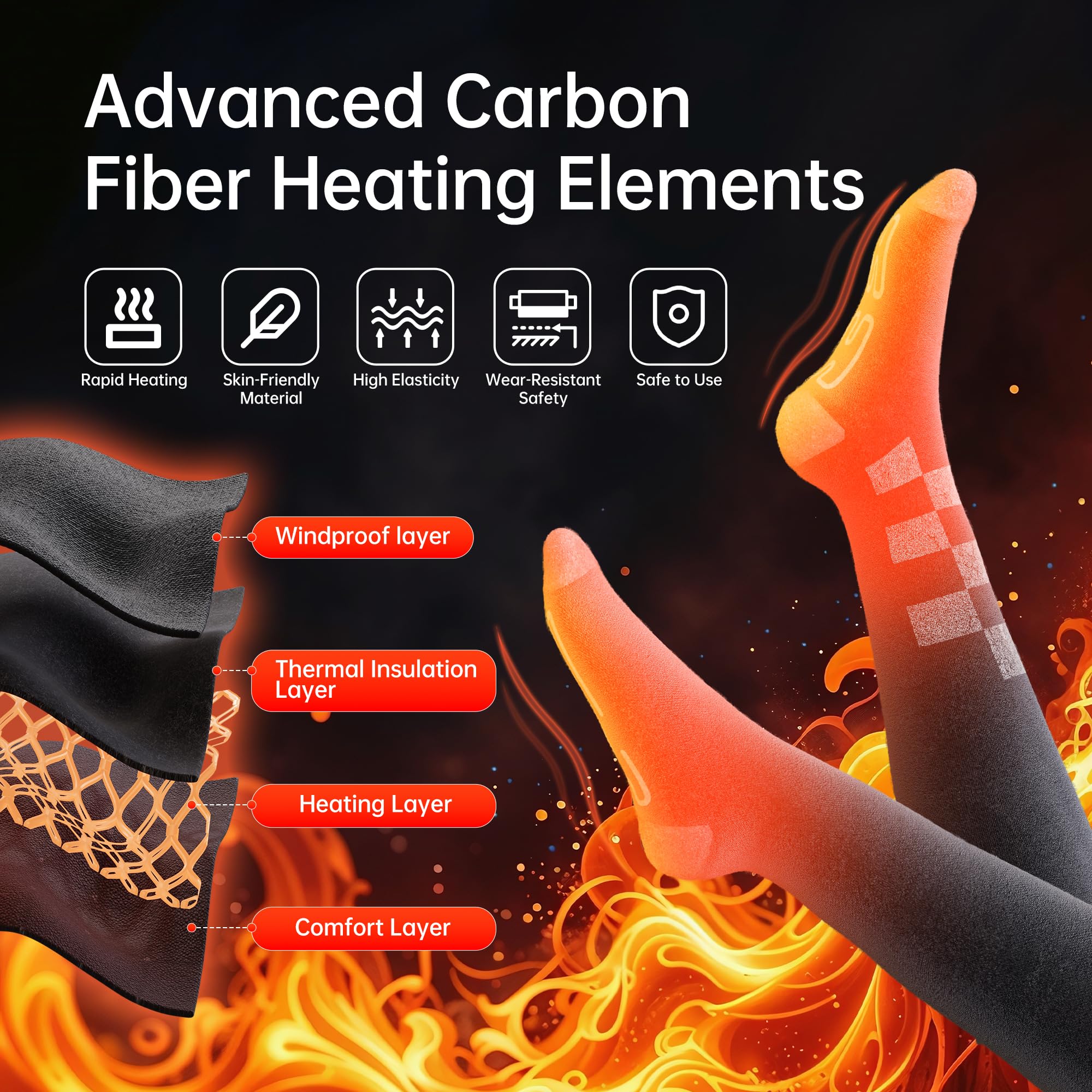 SAMZX heated socks show three heat levels for personalized warmth on hikes