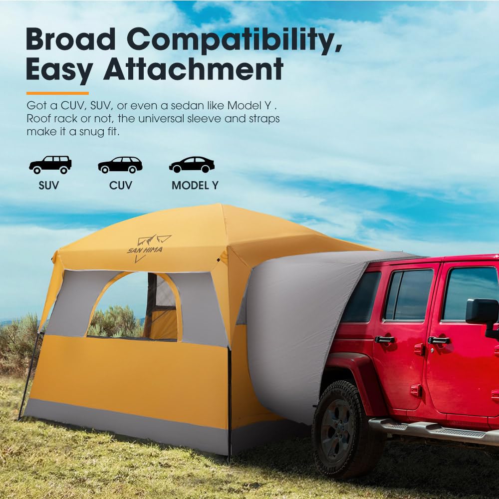 SanHima SUV tent awning demonstrates detachable shade and rain protection.