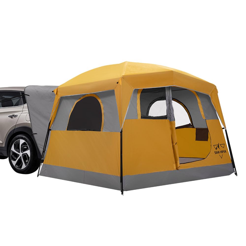 SanHima SUV tent rainfly setup provides reliable all-weather shelter for roadside camping.