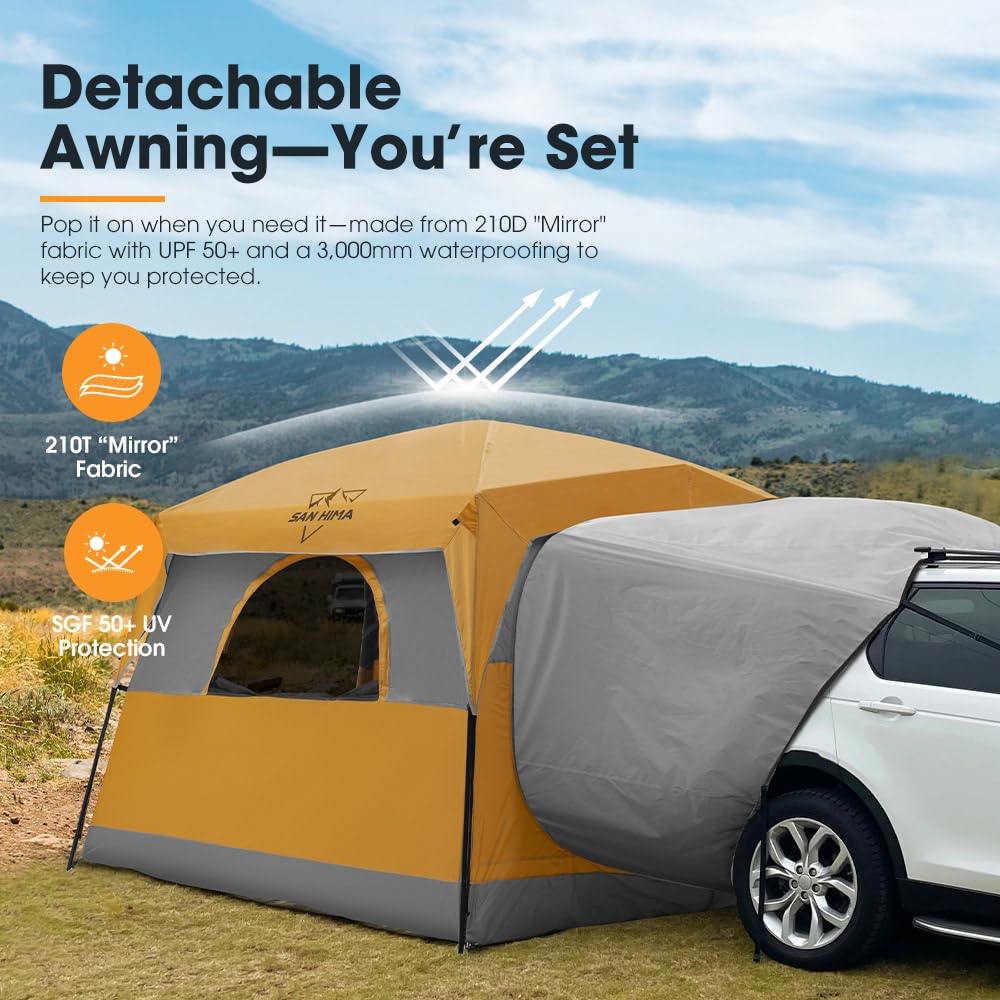 SanHima SUV tent side view highlights ventilation via open mesh panels.