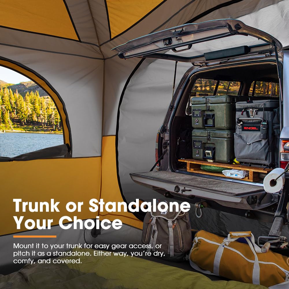 SanHima SUV tent vehicle attachment demonstrates versatile fit with or without roof racks.