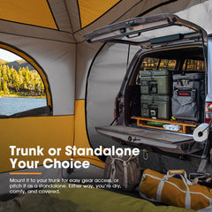 SanHima SUV tent vehicle attachment demonstrates versatile fit with or without roof racks.