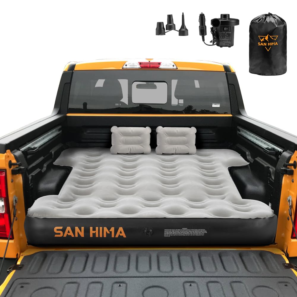 SAN HIMA truck bed air mattress setup shows snug fit for compact regular beds and road-ready comfort