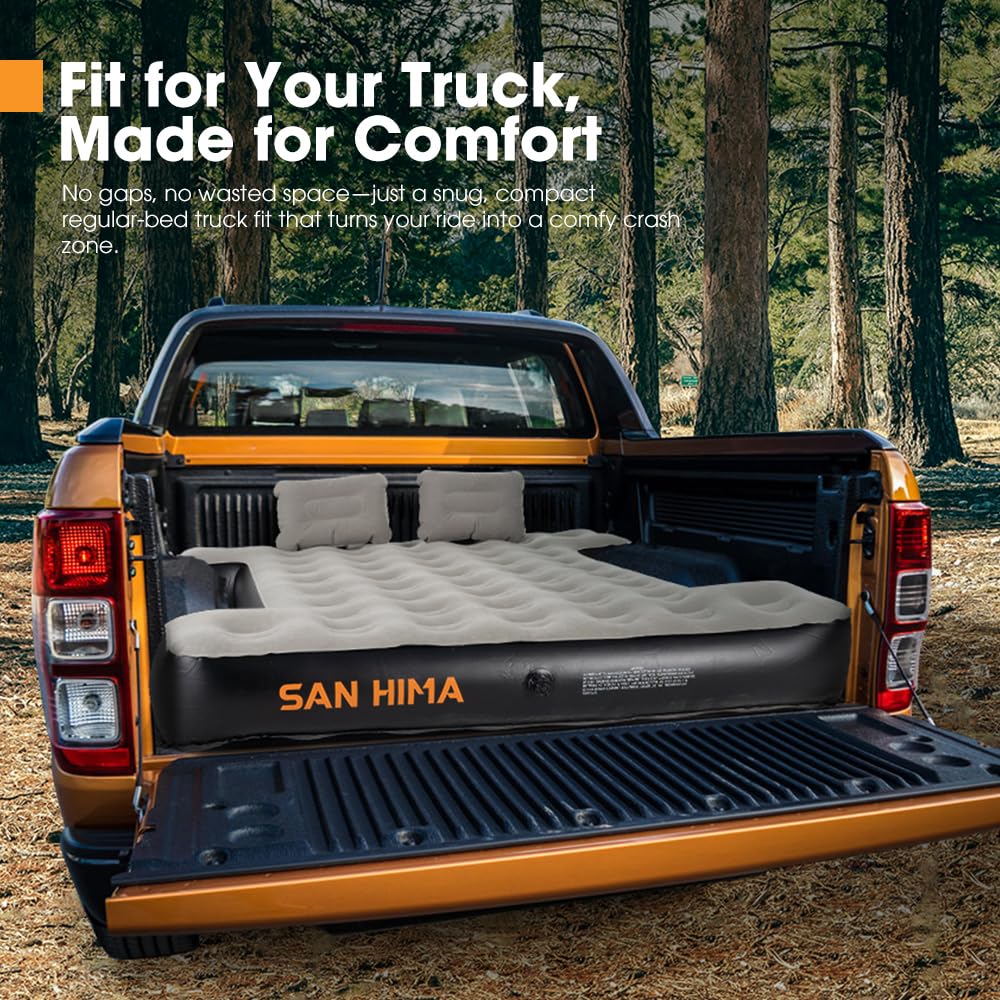 SAN HIMA truck bed mattress with two pillows adds cozy road-trip comfort.