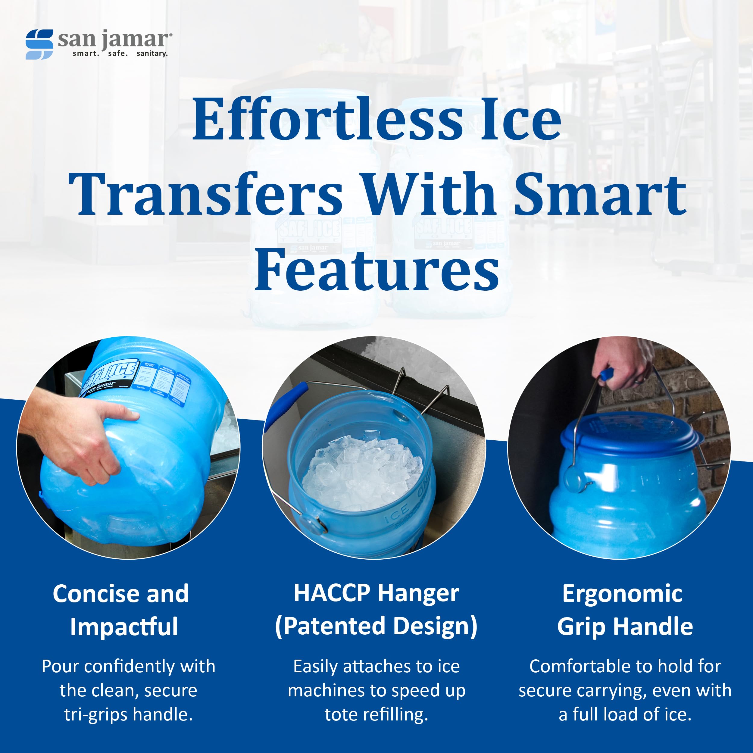 San Jamar Saf-T-Ice tote with HACCP Hanger for spill-free filling