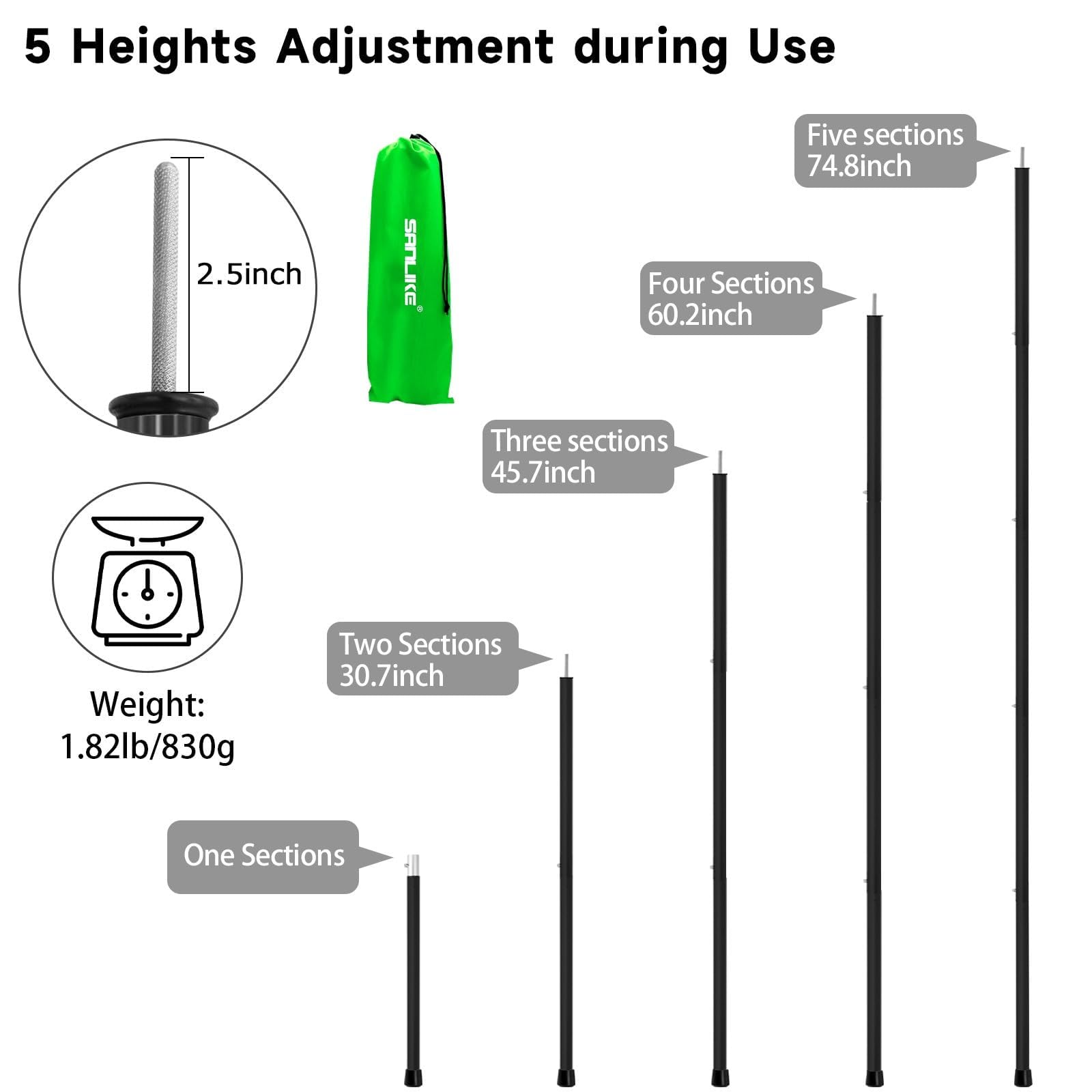 SAN LIKE tarp pole 5-sections demonstrates easy height customization for tents on-the-go.