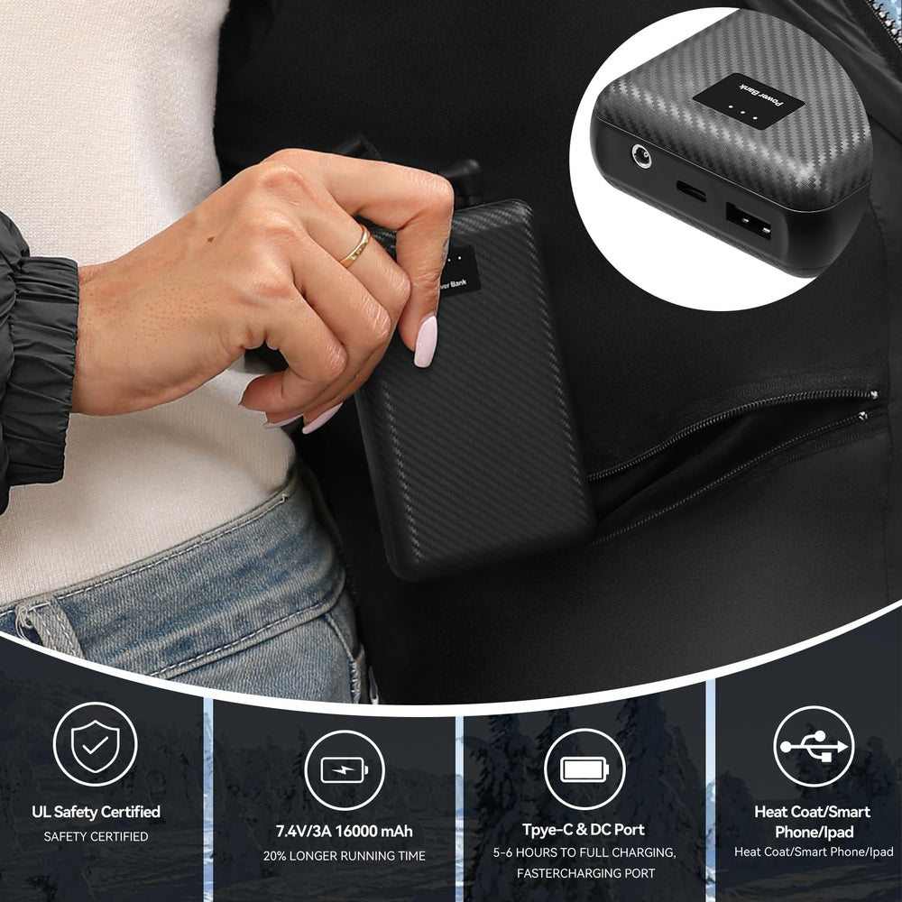 San Moolias heated vest battery pack provides extended warmth and USB phone charging.