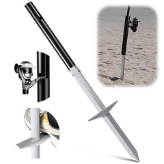 Aluminum alloy sand spike base with rod holder on sandy beach