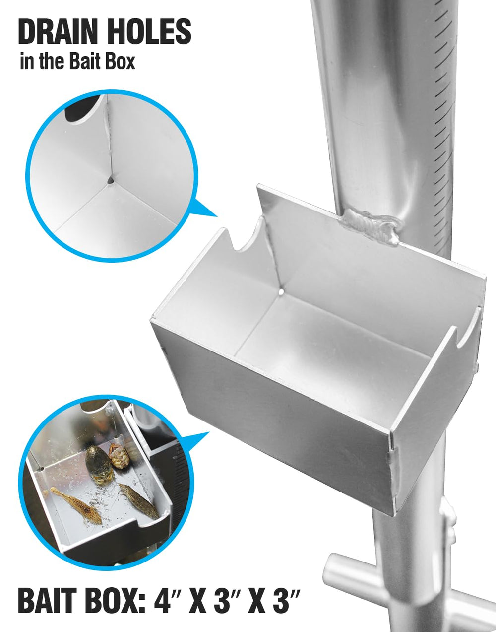 Bait box attached to sand spike with drainage holes