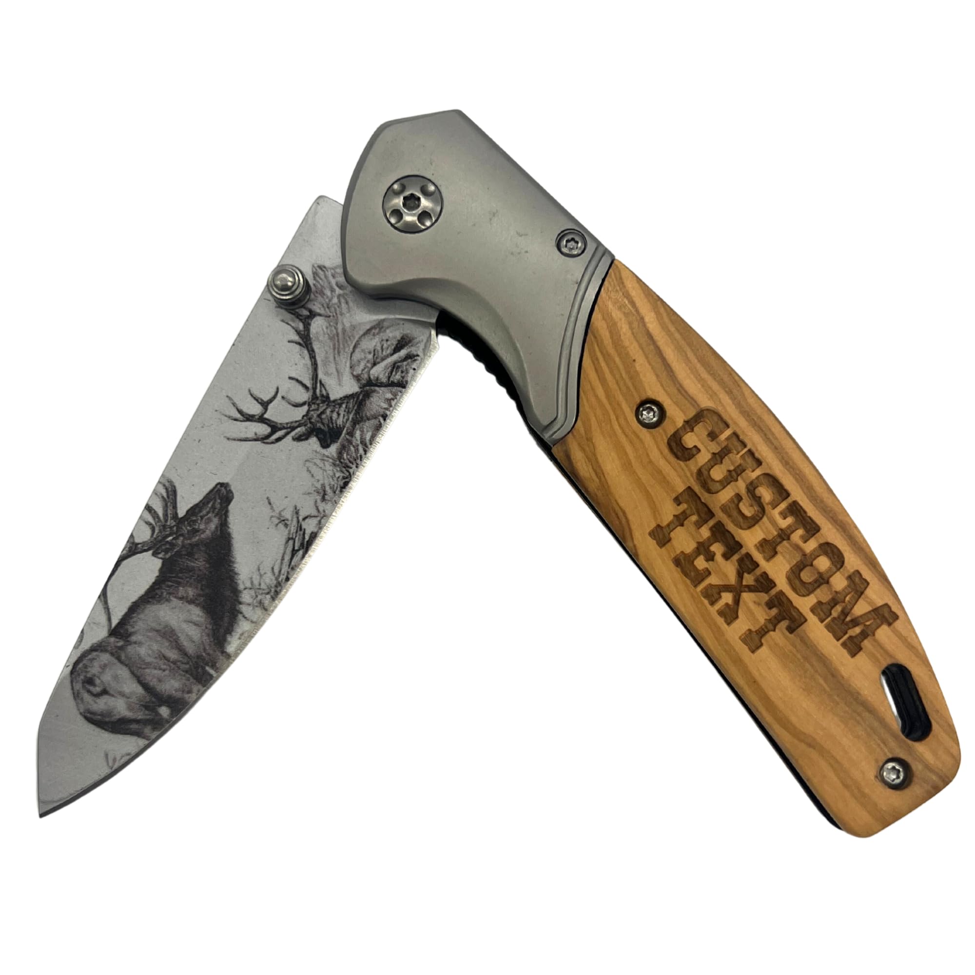 Sandpiper Ink custom engraved Damascus knife with elk blade, ideal gift for milestones.