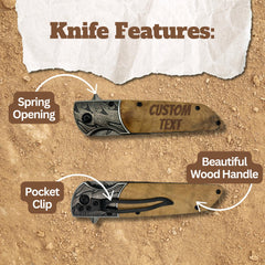 Engraved olive wood handle on Sandpiper Ink knife for a personal touch