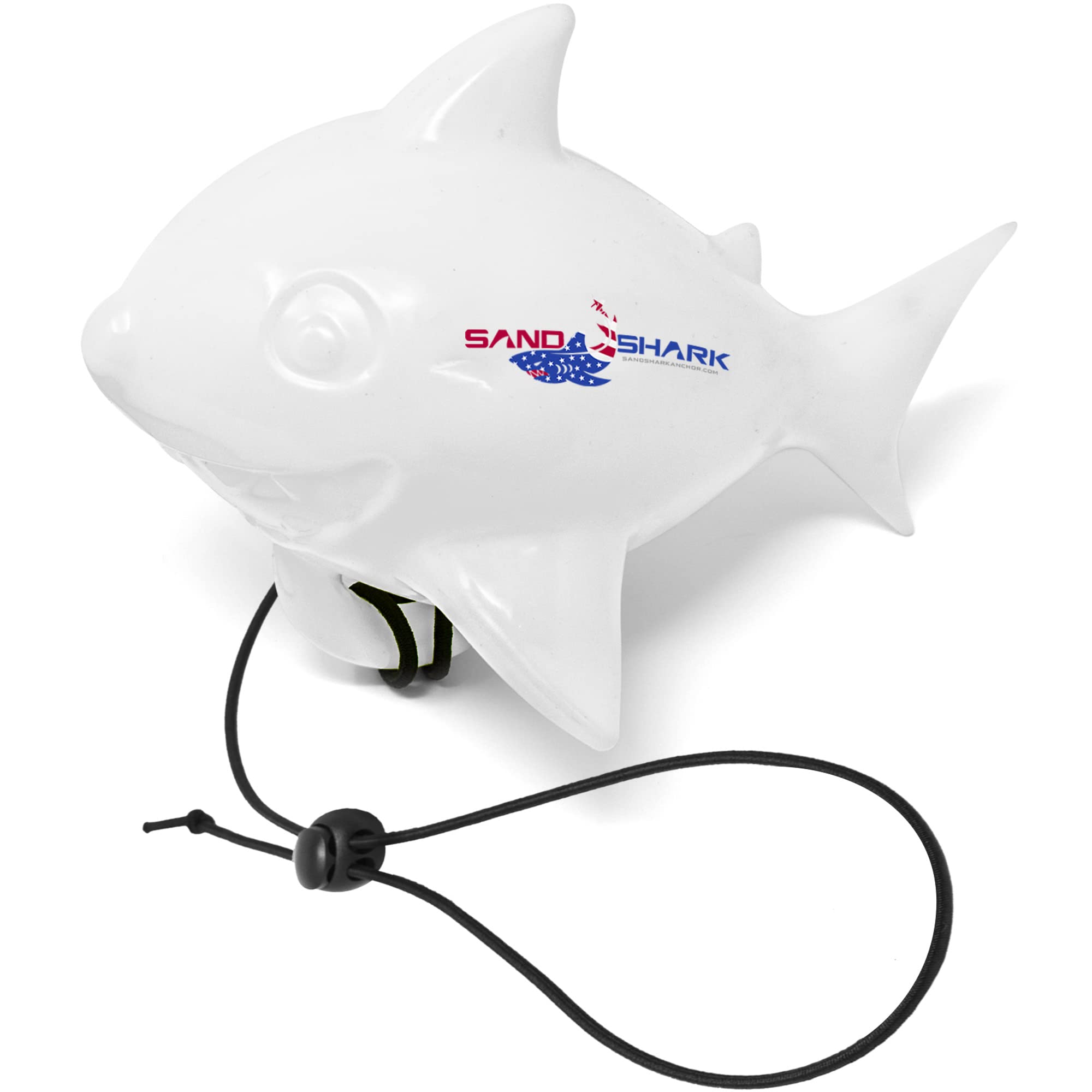 Shark-shaped floating anchor buoy marking a sand anchor location