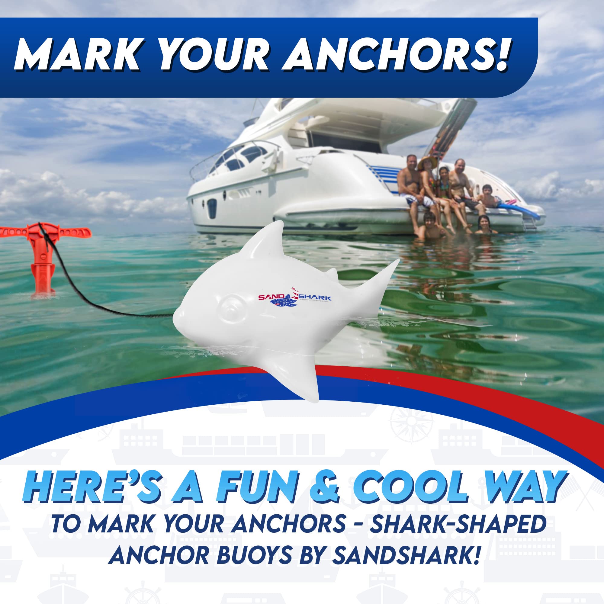 Close-up of SandShark shark-shaped buoy with 30 inch white bungee cord