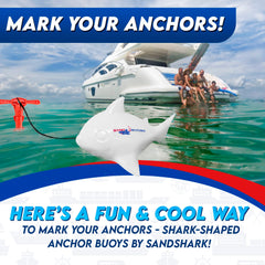 Close-up of SandShark shark-shaped buoy with 30 inch white bungee cord