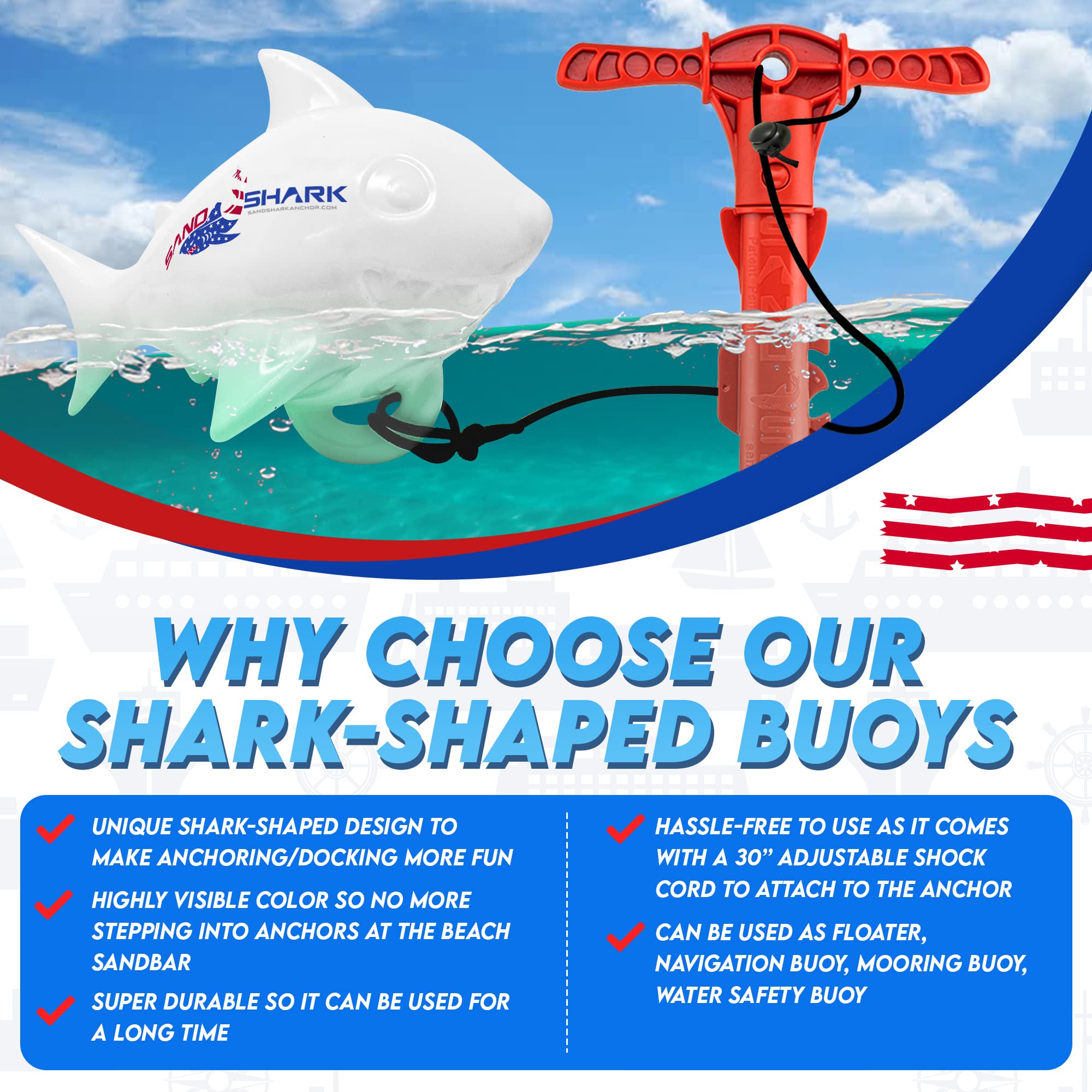 Shark-shaped anchor buoy in shallow water