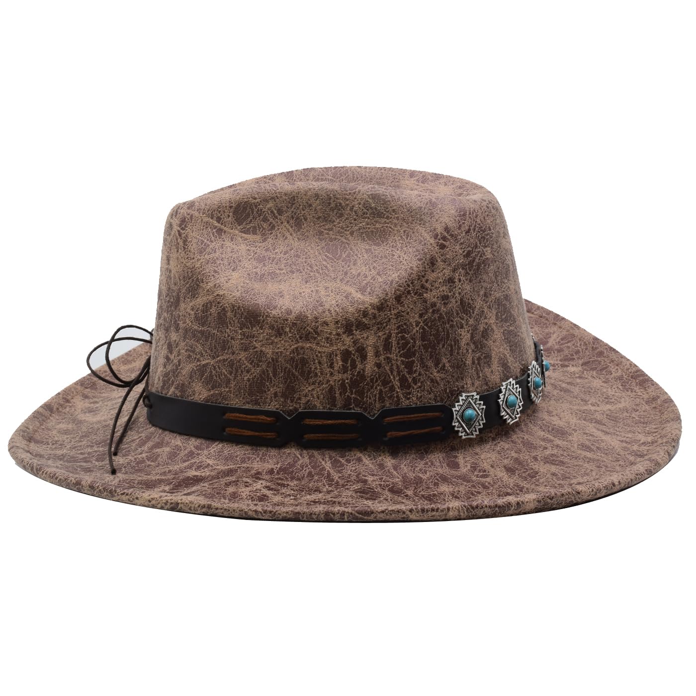 Close-up of faux leather material on beige Sandy Ting hat
