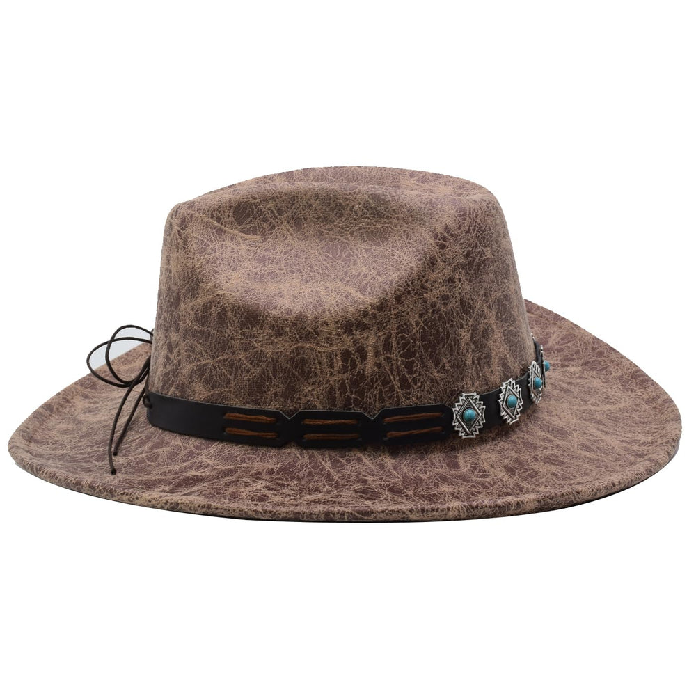 Close-up of faux leather material on beige Sandy Ting hat