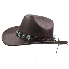 Model wearing brown Sandy Ting western cowboy hat outdoors