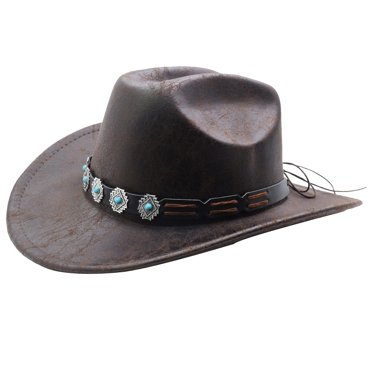 Sandy Ting brown western cowboy hat with buckle belt, front view