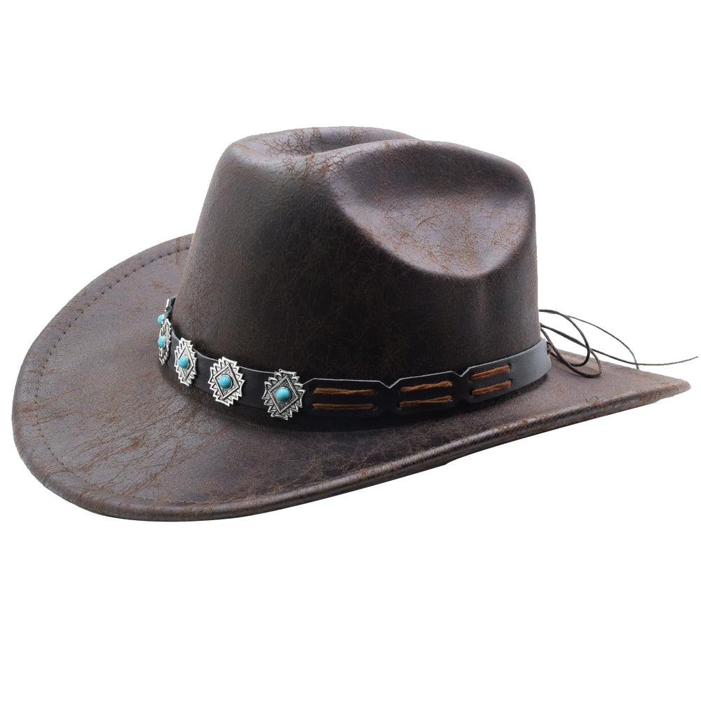 Sandy Ting brown western cowboy hat with buckle belt, front view
