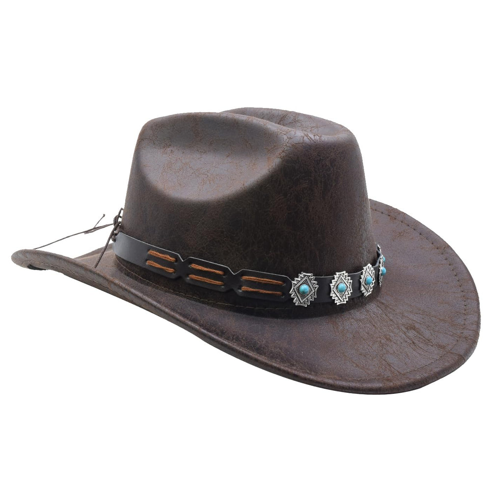 Side view of wide brim brown cowboy hat showing belt buckle detail