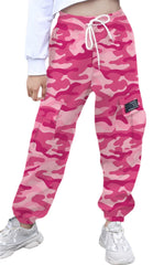 SANGTREE women's cargo pants front view in pink camo with elastic waist for a comfortable fit