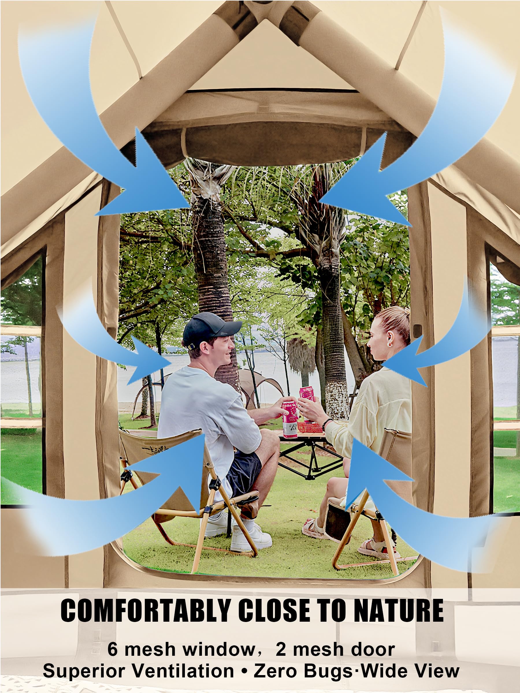 SANHOVO glamping tent with mesh doors and windows for breathable comfort.